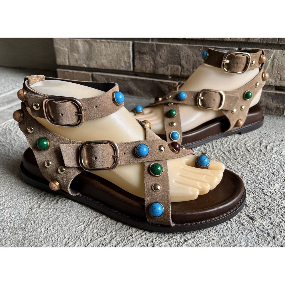 Steve Madden Linear Women's 7.5M Suede Studded Toe Loop Ankle Wrap Sandals